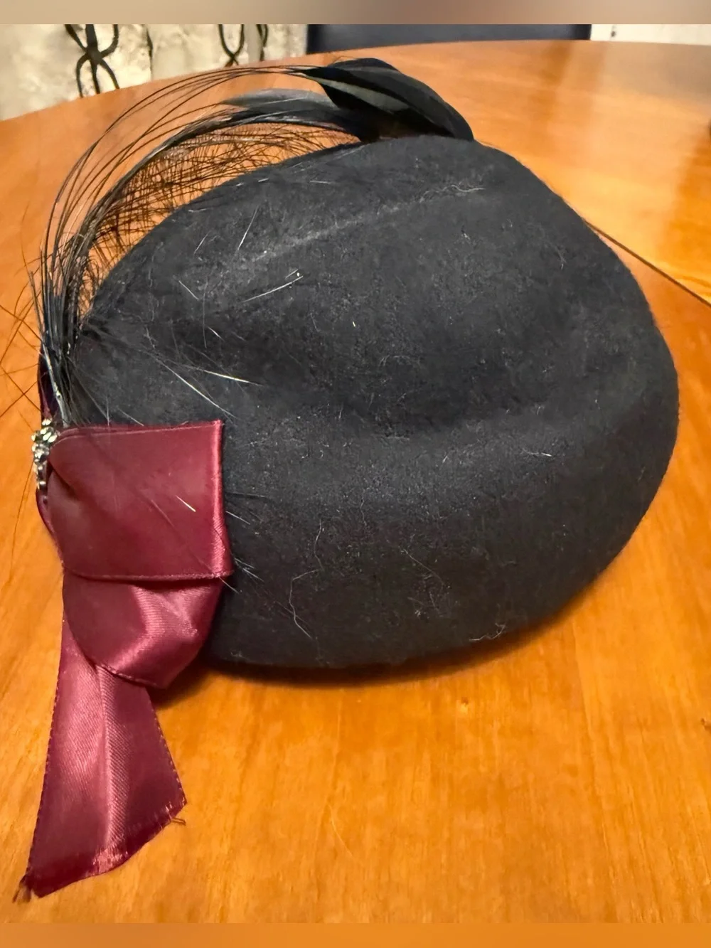 VINTAGE Miss Bierner Michael Howard Black Wool Hat Feather Rhinestone